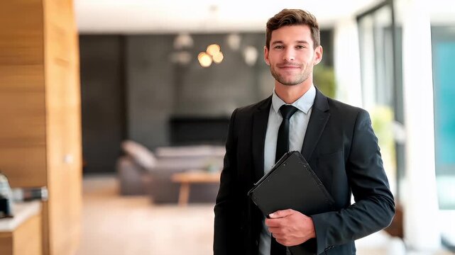Real estate business market, house home building purchase sale. A man in a black suit, white shirt, and black tie, smiling confidently while holding a black folder in his hand.