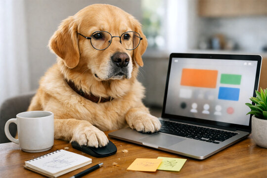 Hund im Homeoffice &ndash; lustige Smart-Working-Szene im modernen B&uuml;ro