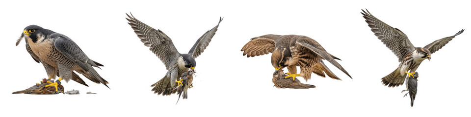 Set of Falcons with Prey Collection &ndash; Majestic Birds of Prey Hunting and Feeding Isolated on White Transparent PNG Background
