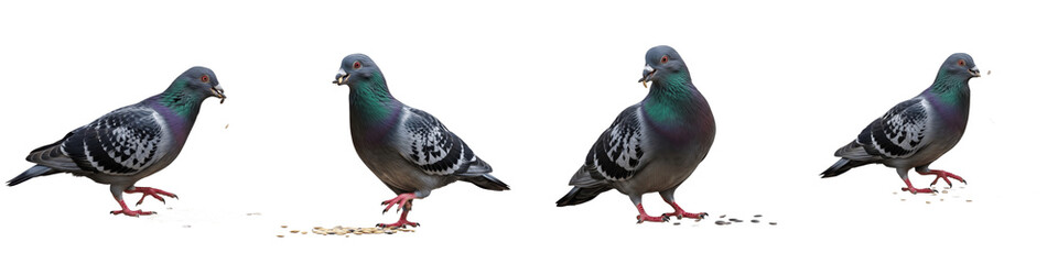 Fototapeta premium Set of Pigeons Eating Seeds Collection – Realistic Wild and Domestic Pigeons Feeding Isolated on White Transparent PNG Background