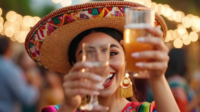Woman celebrating fiesta or outdoor event, smiling and raising a glass of beer for a toast with festive lights