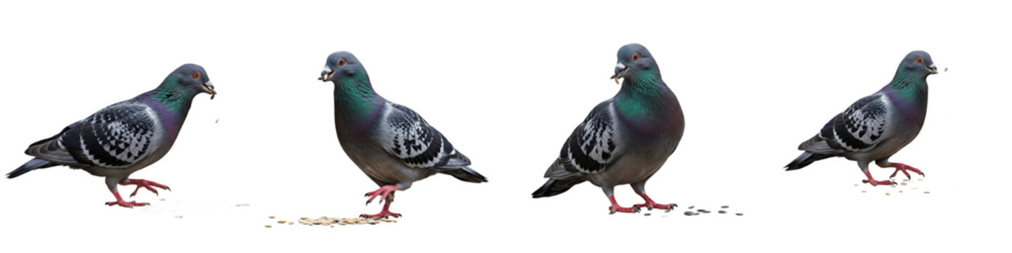 Set of Pigeons Eating Seeds Collection &ndash; Realistic Wild and Domestic Pigeons Feeding Isolated on White Transparent PNG Background