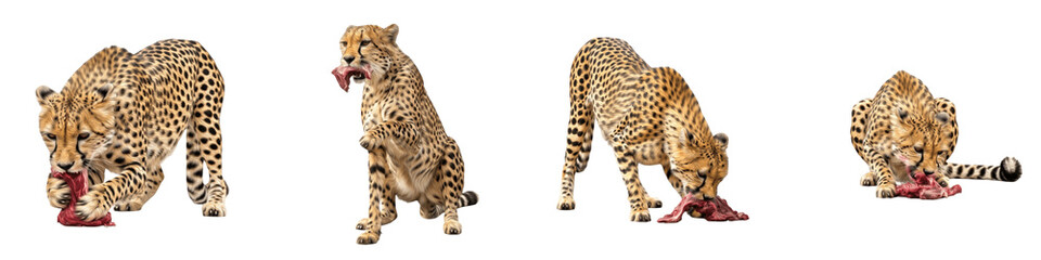Obraz premium Set of African Cheetahs Eating Meat and Scavenging Prey, Majestic Spotted Leopard Wildlife Predator Collection in Various Poses Isolated on White Transparent PNG Background