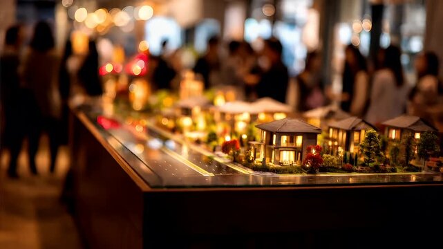Real estate business market, house home building purchase sale. A miniature model of a house with lights and trees on a table, surrounded by a blurred background.