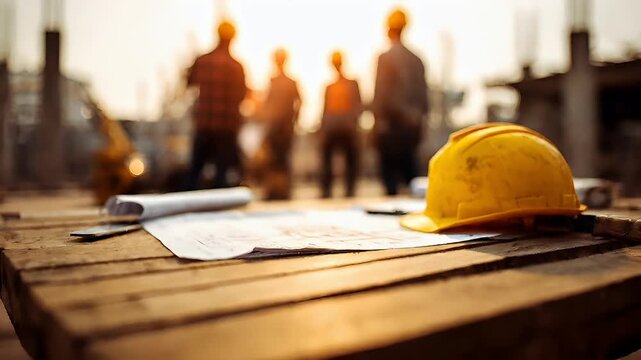 Real estate business market, house home building purchase sale. A yellow hard hat sitting atop a wooden table, surrounded by blueprints and a pen. In the background.
