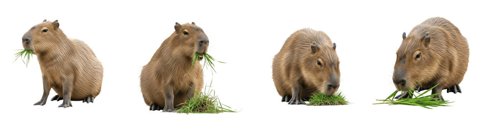 Fototapeta premium Set of 4 Capybara Collection, Eating Green Grass, Realistic Hydrochoerus hydrochaeris Feeding and Grazing, Isolated on White Transparent PNG Background