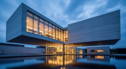 Obraz premium Modern architectural building with large windows reflecting on water at dusk