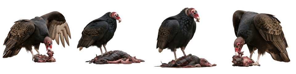 Fototapeta premium Set of 4 Turkey Vultures Collection, Scavenging on Prey, Group of Red-Headed Vultures (Cathartes aura) Feeding Poses, Isolated on White Transparent PNG Background
