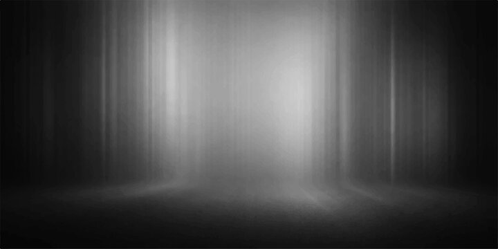 An empty dark room featuring a black and white grunge metal wall and brushed steel floor illuminated by a silver spotlight on a textured metallic surface backdrop