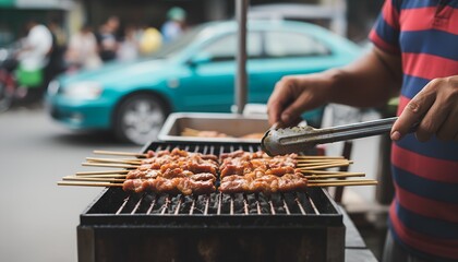 A street vendor skillfully prepares and grills colorful meat skewers over hot coals with a turquoise car blurred in the background high quality professional
