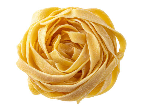 Close-up shot of a single serving of delicious fettuccine pasta, artistically arranged in a neat bundle. It's ready to be cooked and enjoyed. Isolated Transparent Background, PNG