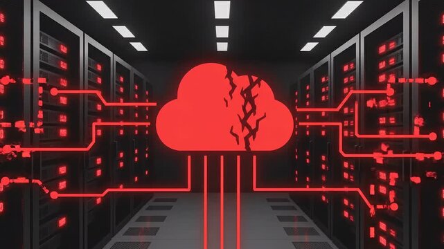 Dramatic server room with cracked red cloud symbolizing data breach