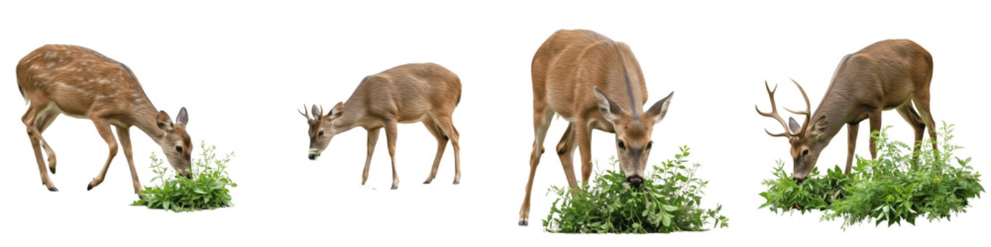 Set of Evolution of a Buck Grazing, Sequential Stages of a Deer Feeding on Green Foliage, Wildlife Behavior Illustration Isolated on White Transparent PNG Background