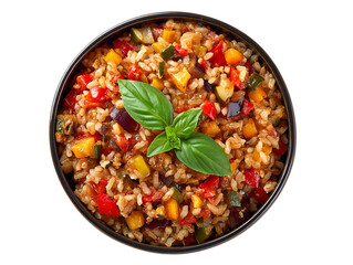 Delicious ratatouille with fresh basil leaves, a vibrant and healthy meal. The dish is a colorful mix of vegetables and rice, presented in a black bowl Isolated Transparent Background, PNG