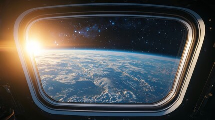 Naklejka premium View of Earth and Stars from Space Station Window with Sunrise Over Clouds, Cosmic Perspective