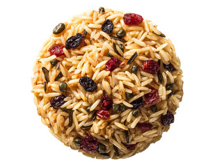 A vibrant and delicious rice dish, showcasing a mix of grains, dried fruit, and seeds. The overhead shot offers a detailed look at the ingredients and textures. Isolated Transparent Background, PNG