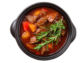 Delicious gourmet stew served in a ceramic bowl, garnished with sprigs of fresh rosemary and vibrant red peppers and potatoes Isolated Transparent Background, PNG
