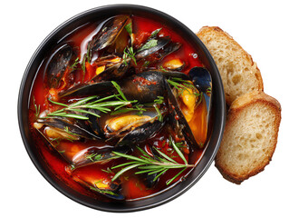 Delicious mussel stew with bread, appetizing and full of flavors Isolated Transparent Background, PNG