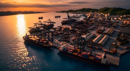 Obraz premium Aerial view of a bustling container port with cargo ships and gantry cranes at golden hour sunset, showcasing global trade logistics.