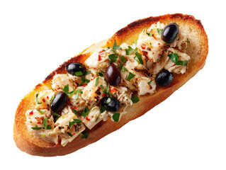 A close-up shot of a appetizing bruschetta topped with tuna, olives, and herbs Isolated Transparent Background, PNG
