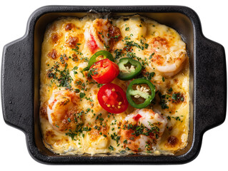 Delicious baked shrimp dish served in a square black casserole with tomatoes and jalapeno garnish Isolated Transparent Background, PNG