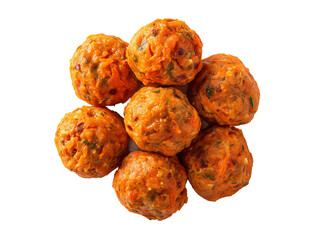 A close-up shot of several fresh, appetizing meatballs. The meatballs are perfectly round, showcasing a rich blend of orange and green colors. Isolated Transparent Background, PNG