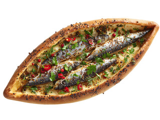 A delicious Turkish pide bread topped with baked sardines and herbs Isolated Transparent Background, PNG