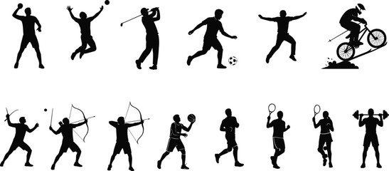 Large collection of black silhouettes featuring athletes participating in various sports including soccer golf mountain biking archery tennis and weightlifting isolated on white