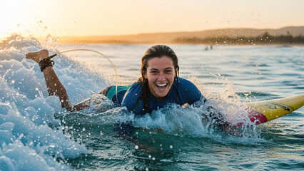 Woman enjoying paddleboarding in golden hour sunlight with ocean waves
