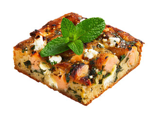 Delicious and freshly baked salmon square garnished with fresh mint Isolated Transparent Background, PNG