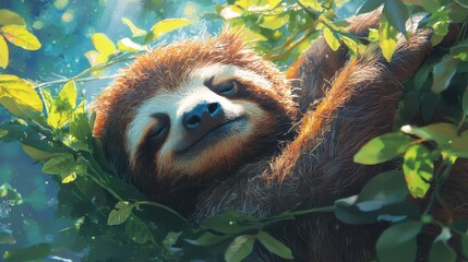 Obraz premium Close-up of a Content Sloth Sleeping Peacefully in Lush Green Leaves