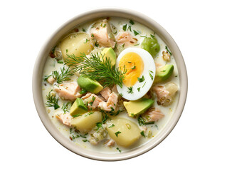 A creamy, delicious bowl of salmon soup, filled with boiled egg and avocado slices Isolated Transparent Background, PNG