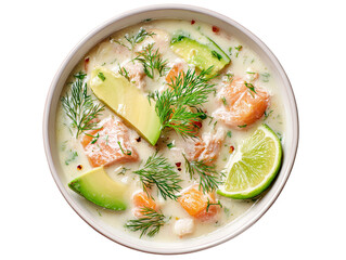 A gourmet creamy seafood dish featuring salmon, avocado, and lime in a stylish bowl. The dish is garnished with fresh herbs Isolated Transparent Background, PNG