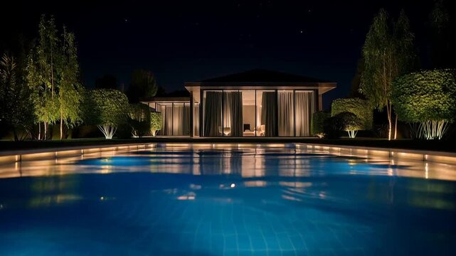 A serene backyard swimming pool lit up at nighttime in a luxurious outdoor setting with a modern house and well-manicured trees in the background, ideal for relaxation and relaxation concepts