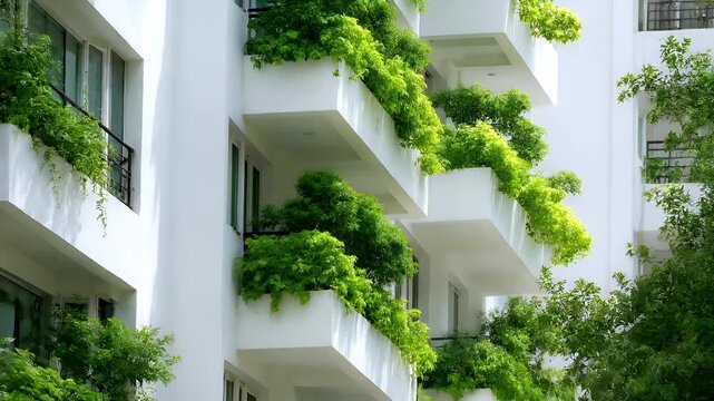 Real estate business market, house home building purchase sale. A white building with lush green plants growing vertically on its balconies. The plants are a vibrant green.