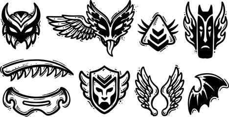Fototapeta premium Black and white tattoo flash style animal inspired emblem set with wings, shields, and mythical figures in bold graphic vector art
