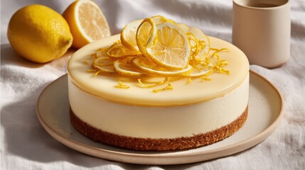 Delicious lemon cheesecake dessert with creamy topping, fresh lemon slices, and zest on ceramic plate
