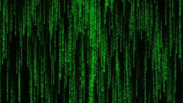 Digital green binary code cascading down an abstract futuristic background.