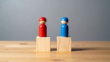 Red and Blue Wooden Figurines on Separate Blocks