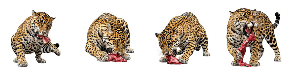 Obraz premium Set and Collection of Jaguars Eating Raw Meat, Wild Big Cat Feeding Action Poses Isolated on White Transparent PNG Background