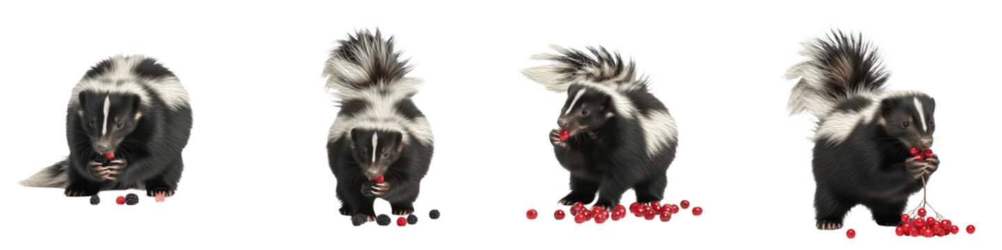 Set and Collection of Skunks Eating Red Berries, Striped Skunk Wildlife Feeding Action Poses Isolated on White Transparent PNG Background