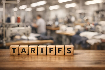 Fototapeta premium Manufacturing Tariffs Concept: Wooden Blocks Spelling Tariffs in Garment Factory