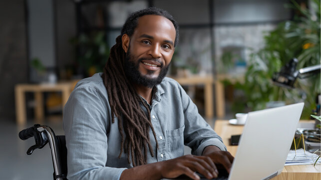Defocused individual in wheelchair with dreadlocks using laptop, modern well-lit indoor environment, accessible workspace, disability professional life, adaptive technology use, in