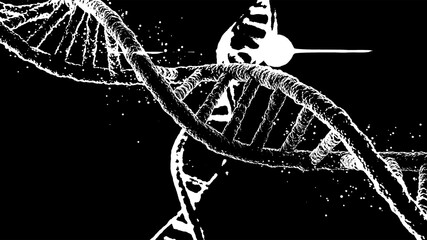 Detailed 3D render of a DNA double helix structure against a dark, speckled background, symbolizing genetics and science.
