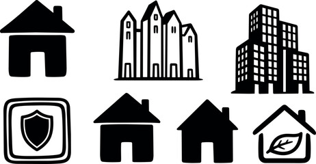 Fototapeta premium Hand drawn black silhouette icons of houses buildings shield and eco home vector set on white background