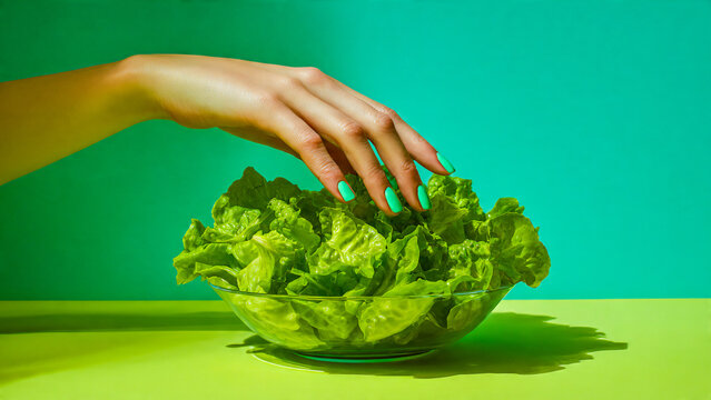 Main de femme touchant de la salade verte dans un saladier