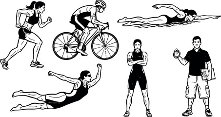 Fototapeta premium Line art triathlon athletes set showing runner cycling swimmer coach with stopwatch standing front view dynamic action silhouettes training vector