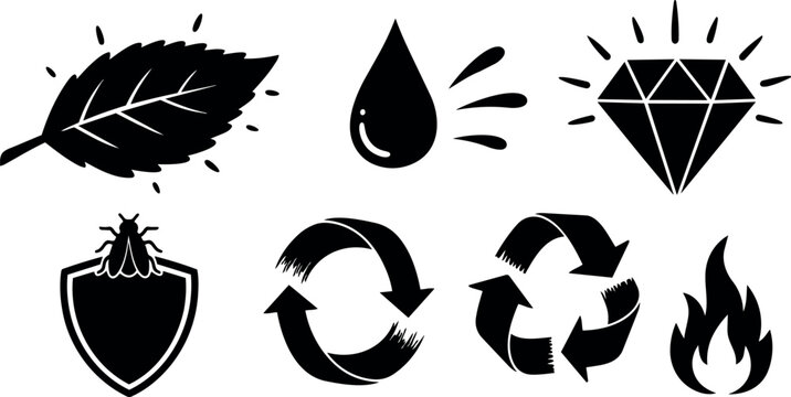 Black silhouette icons set including leaf water drop diamond insect shield two recycling arrows and fire flame symbols