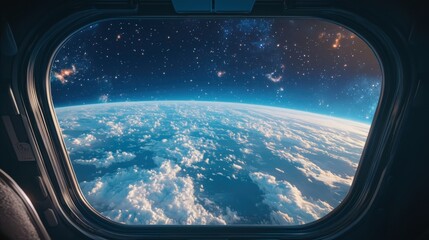 Fototapeta premium View of Earth from space through an airplane or spacecraft window, showing swirling clouds over the blue planet, with stars and distant galaxies in the background.