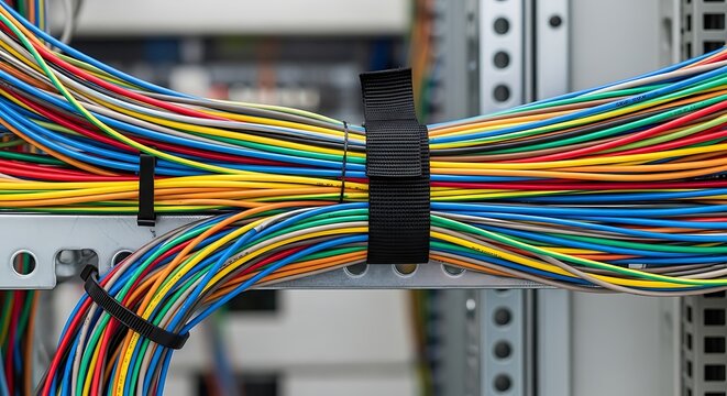 Close-up of colorful electrical wires bundled and secured with straps inside a metal rack